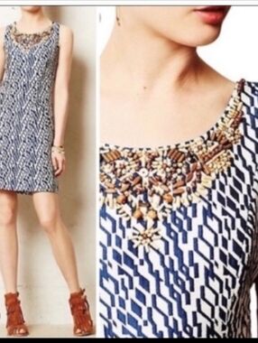 Moulinette Soeurs Navy and White Beaded-Neckline Sheth  Mulberry Dress Size 8